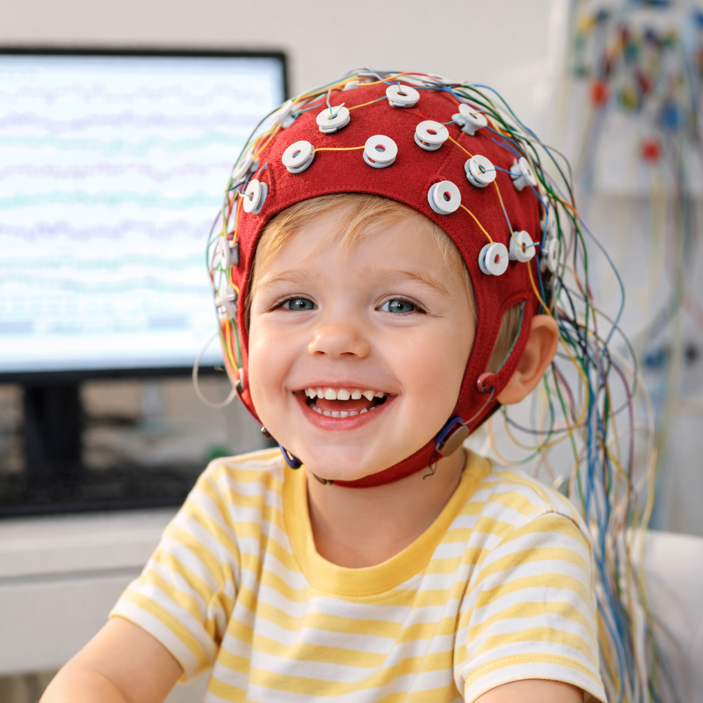 Lachendes Kind mit EEG-Haube vor einem Monitor mit Hirnstromkurven